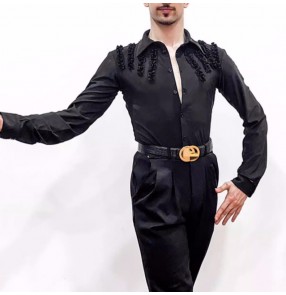 Men's black latin ballroom dance shirts modern salsa tango waltz paso double flamenco dancing ruffles leotard tops for man